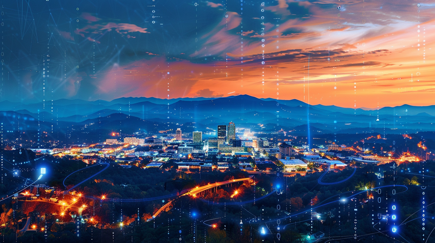 Asheville skyline with Blue Ridge Mountains and digital marketing overlays representing 2026 SEO trends