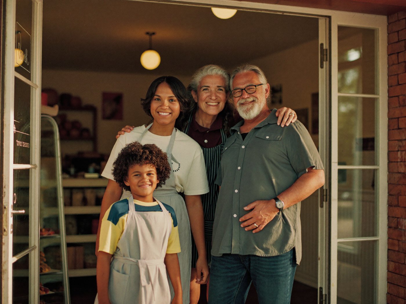 A multigenerational family standing together in the doorway of their small local business
