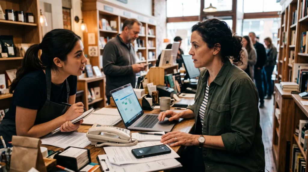 Small business owner handling a staff question, a ringing phone, paperwork and waiting customers at the same time during a busy workday