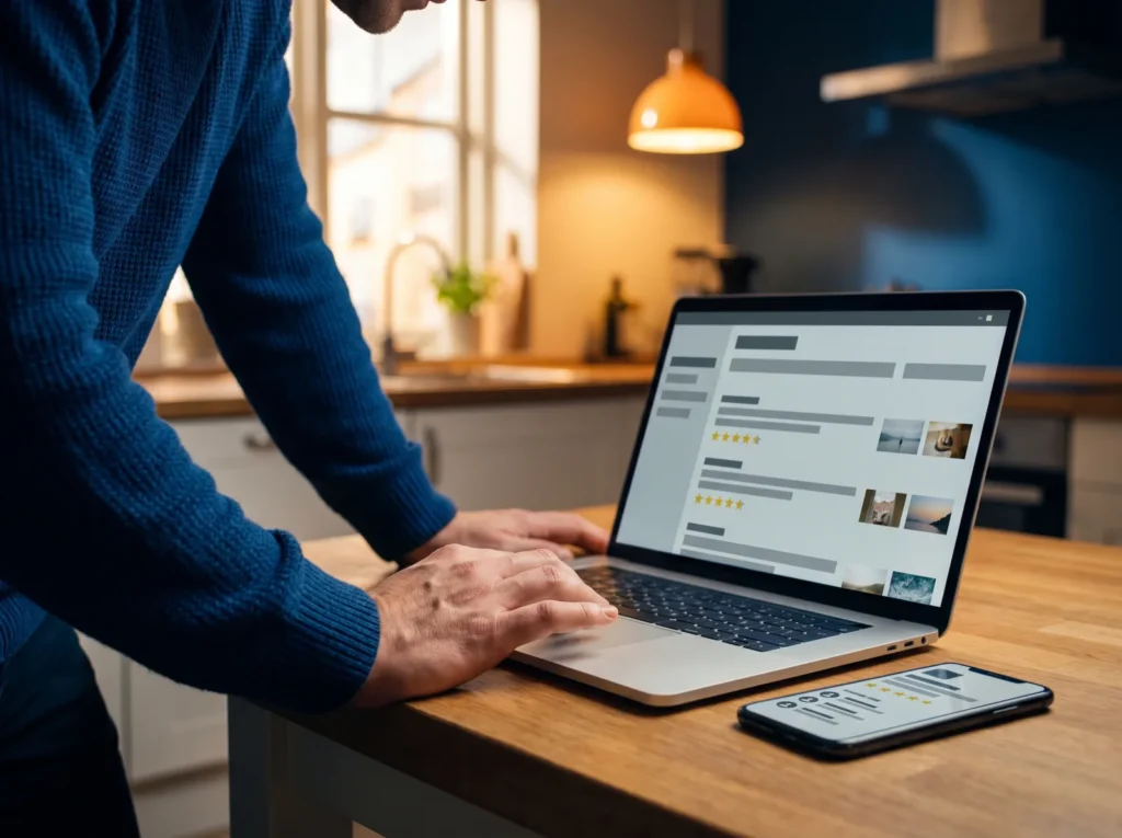 Customer reading star ratings and review comments for a local business on a laptop, with the same information shown on a phone