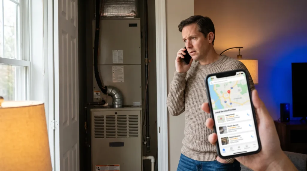 Homeowner standing beside a failed furnace, calling a heating repair company found through a local search on a phone