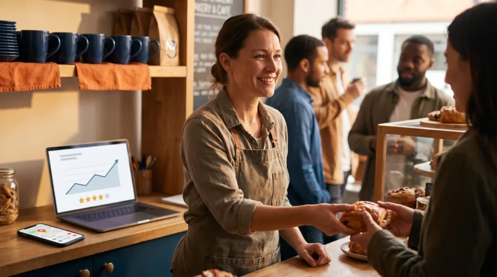 Bakery owner serving a customer at the counter while a laptop nearby shows rising visibility and review activity