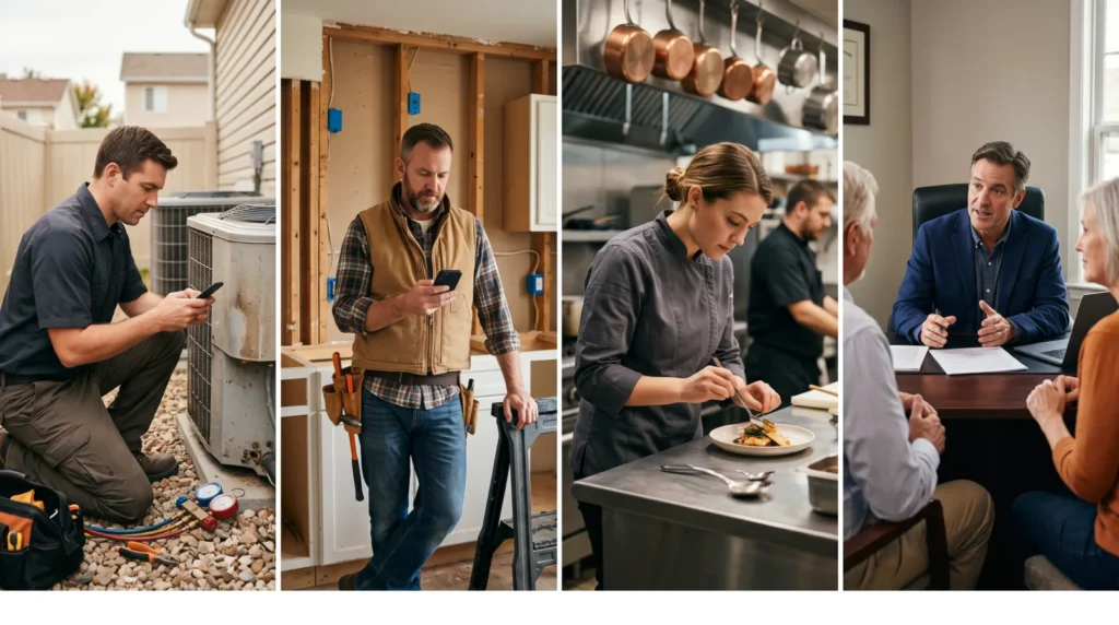 HVAC technician, remodeling contractor, restaurant chef and financial adviser at work in their own business environments