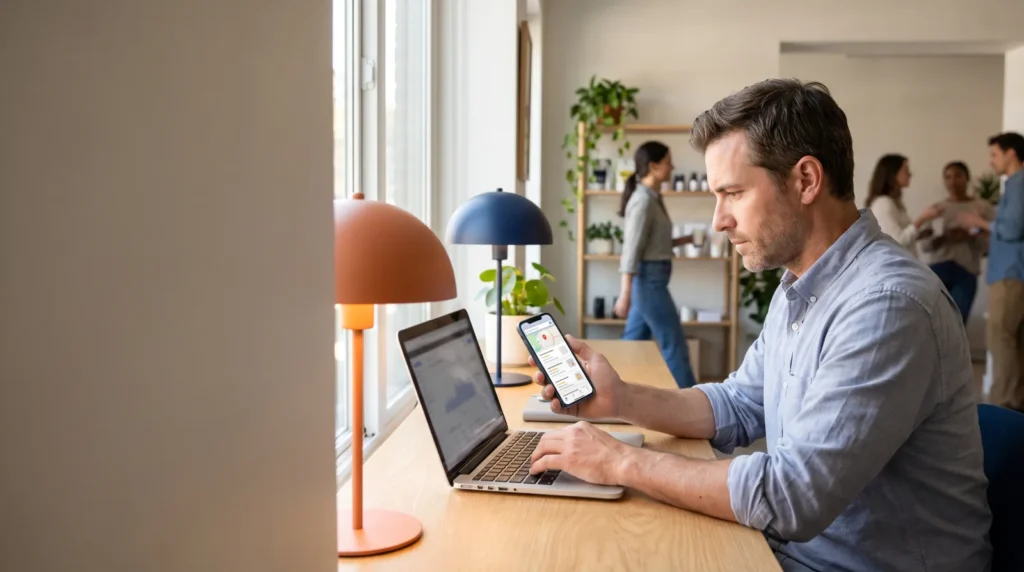 Small business owner reviewing local search results on a laptop and smartphone while the business operates behind them