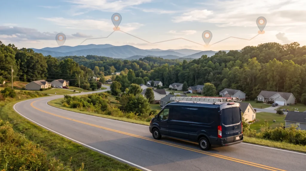 Service van on a rural road in the Western North Carolina foothills, with map pins marking the nearby communities it serves