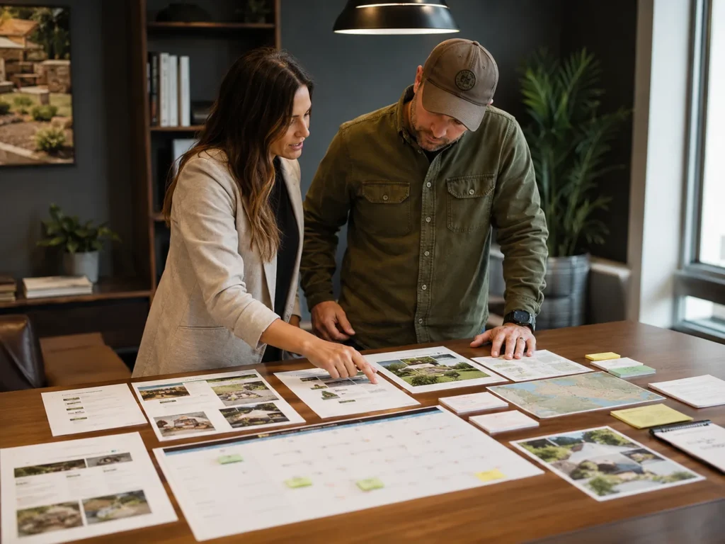 Marketing strategist and landscaping business owner reviewing printed website pages, local maps, and a content calendar on one planning table