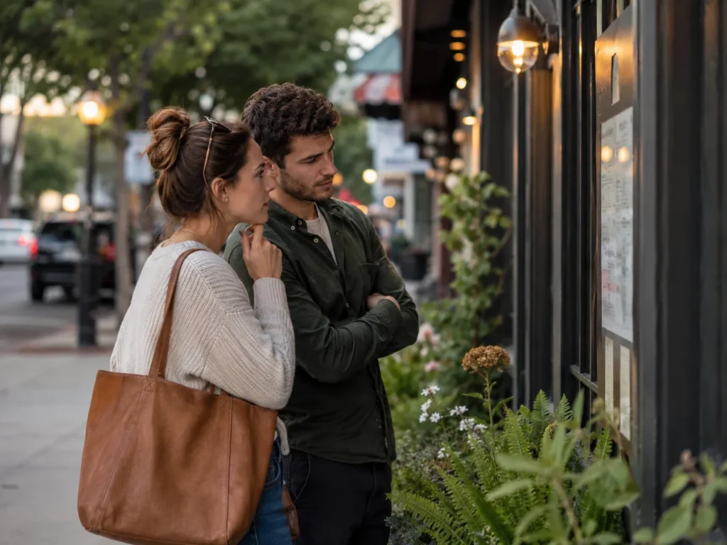 Couple standing outside a restaurant reading the posted menu while deciding whether to go in