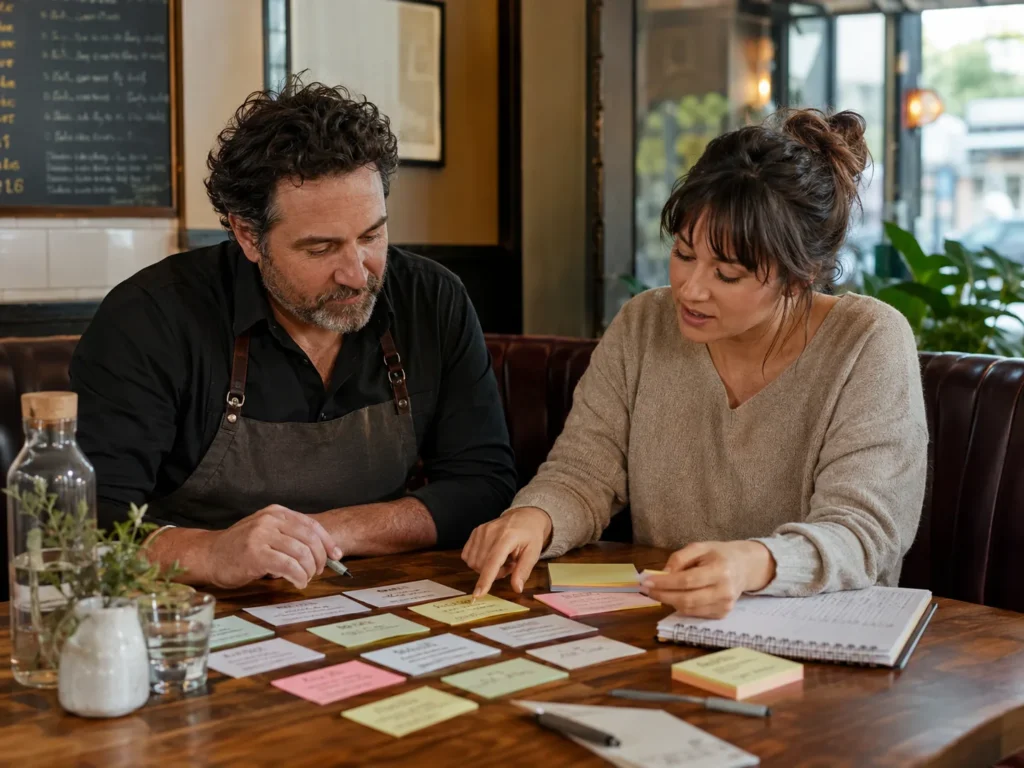 Restaurant owner and marketing professional organizing real customer questions on note cards at a cafe table