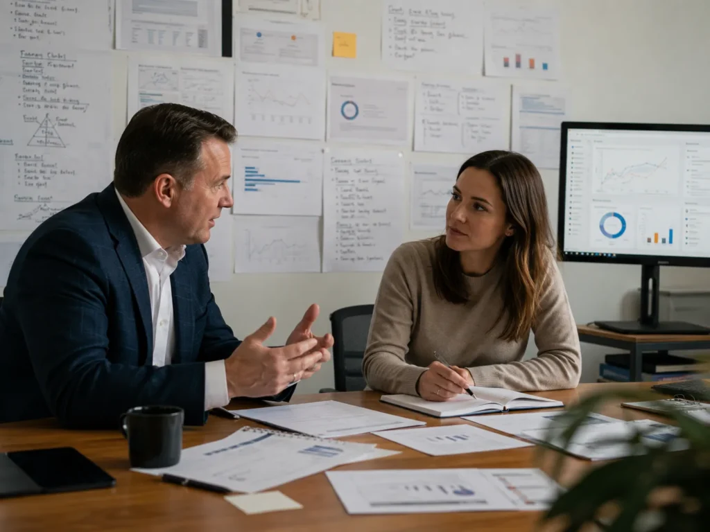 Marketing strategist and business owner discussing a wall of printed search trends and performance snapshots