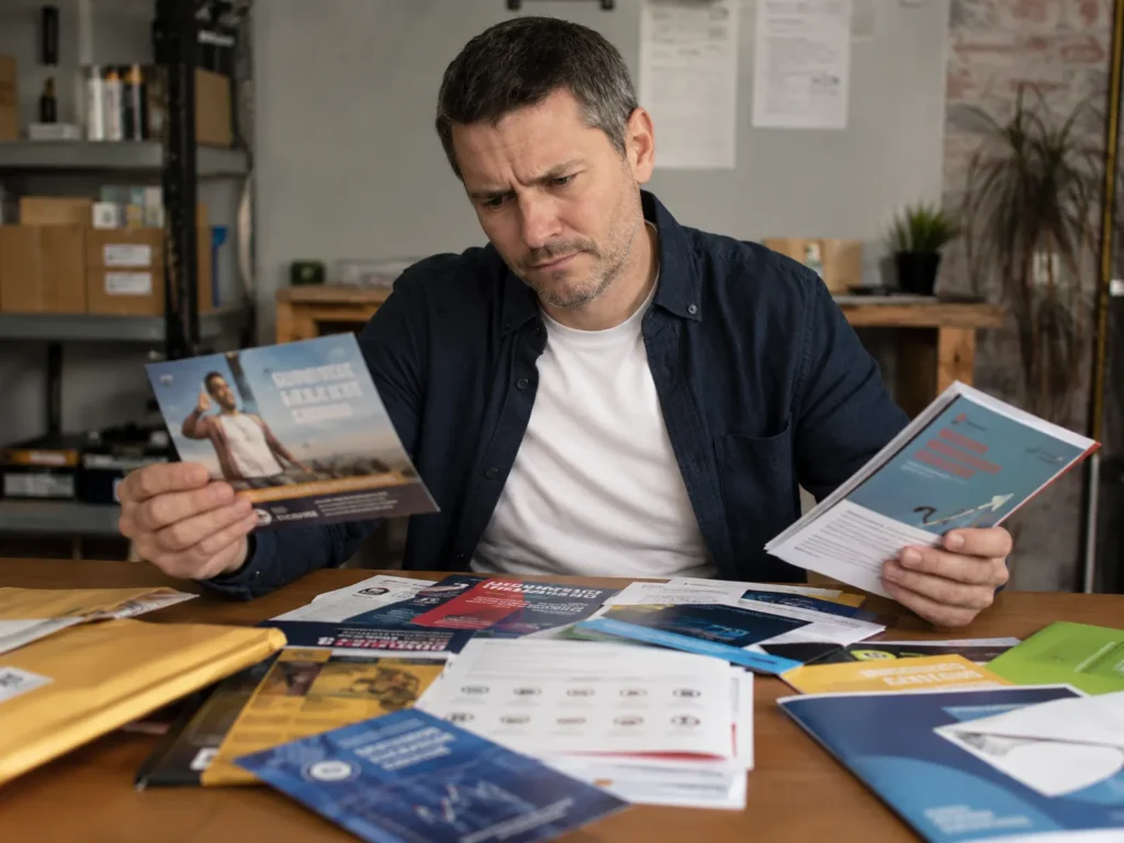 Business owner at his workshop table sorting through a pile of glossy marketing offers and quick-fix promotions
