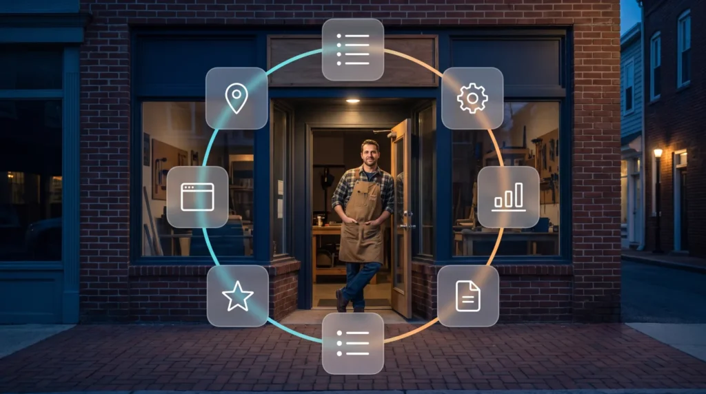 Local business owner in the doorway of their shop, surrounded by connected icons representing maps, website, reviews, listings, content and reporting